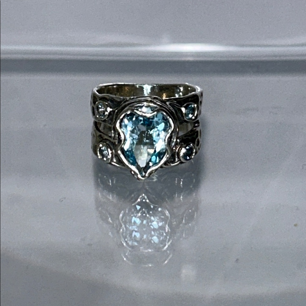 Genuine Blue Topaz Hammered Sterling Silver Ring Designer Passage to Israel Boho